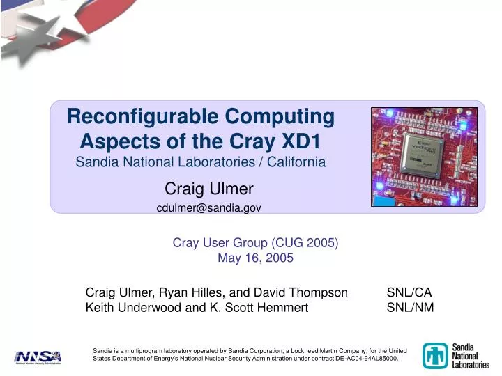 reconfigurable computing aspects of the cray xd1 sandia national laboratories california