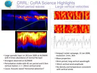 CRRL: CoRA Science Highlights Short period waves Large vertical velocities