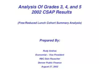 Analysis Of Grades 3, 4, and 5 2002 CSAP Results (Free/Reduced Lunch Cohort Summary Analysis)