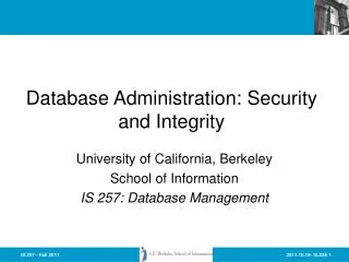 Database Administration: Security and Integrity