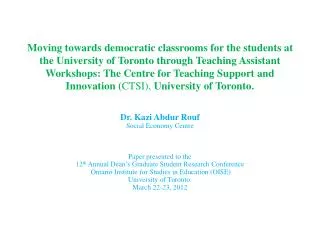 Dr. Kazi Abdur Rouf Social Economy Centre Paper presented to the