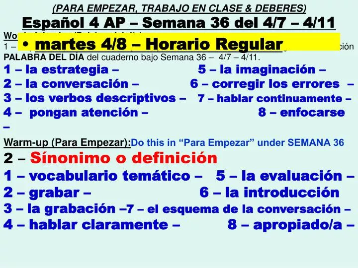 para empezar trabajo en clase deberes espa ol 4 ap semana 36 del 4 7 4 11