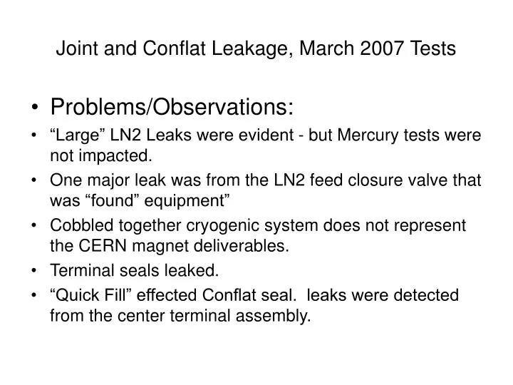 joint and conflat leakage march 2007 tests