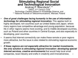 Stimulating Regional Social and Technological Innovation, 2