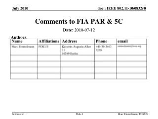 Comments to FIA PAR &amp; 5C