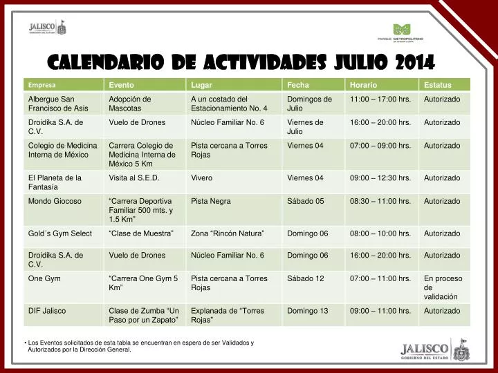 calendario de actividades julio 2014