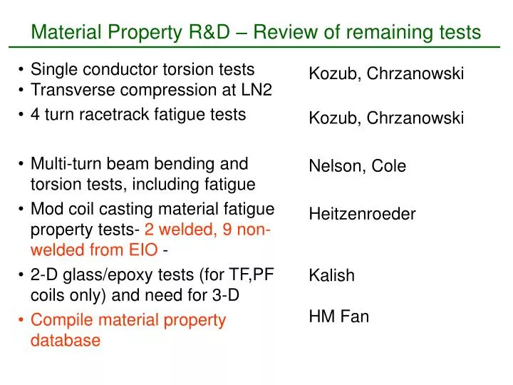 material property r d review of remaining tests