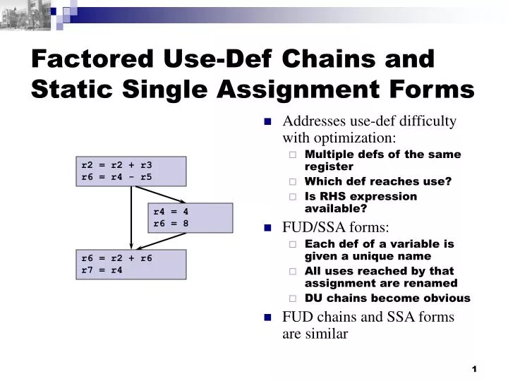 factored use def chains and static single assignment forms