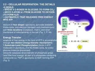 2.2 - CELLULAR RESPIRATION: THE DETAILS 3 GOALS : BREAK 6 C-BONDS IN GLUCOSE (TO FORM CO 2 )