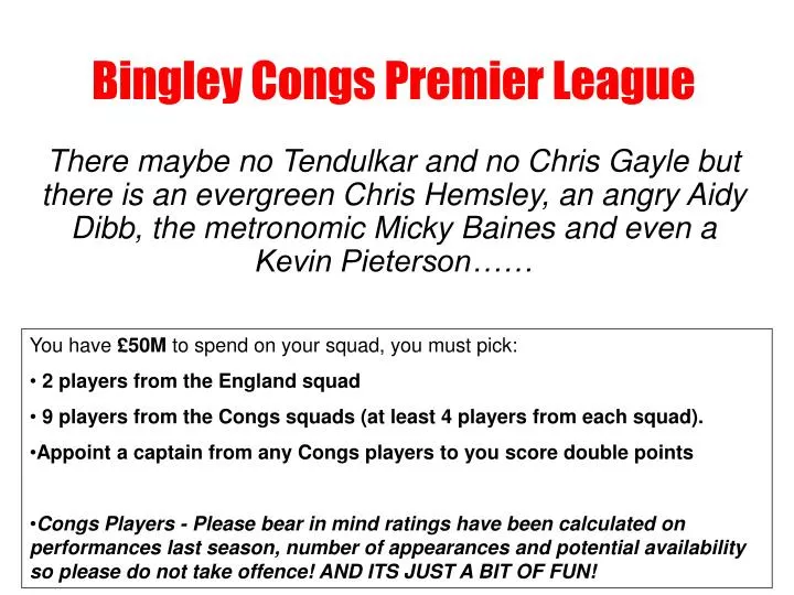 bingley congs premier league