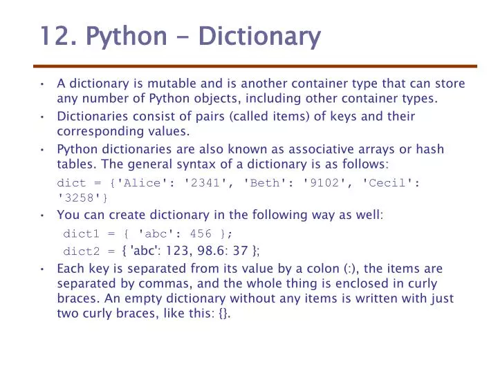 12 python dictionary