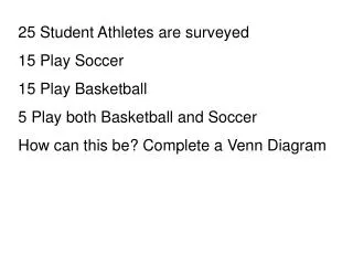 25 Student Athletes are surveyed 15 Play Soccer 15 Play Basketball