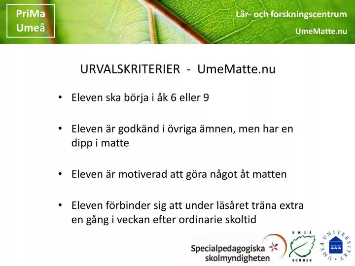 urvalskriterier umematte nu