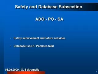 Safety and Database Subsection ADO - PO - SA Safety achievement and future activities