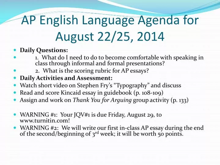 ap english language agenda for august 22 25 2014