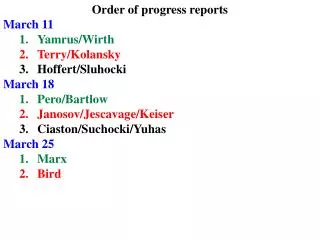 Order of progress reports March 11 Yamrus/Wirth Terry/Kolansky Hoffert/Sluhocki March 18