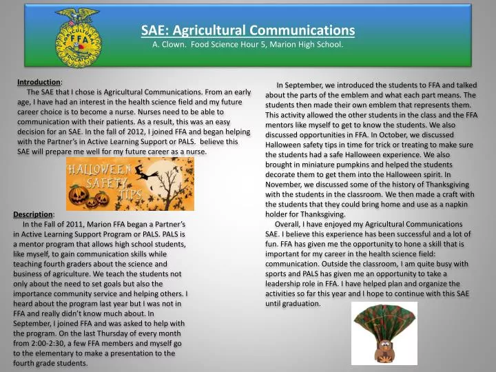 sae agricultural communications a clown food science hour 5 marion high school
