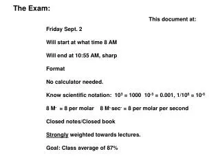 The Exam: Friday Sept. 2 Will start at what time 8 AM Will end at 10:55 AM, sharp Format