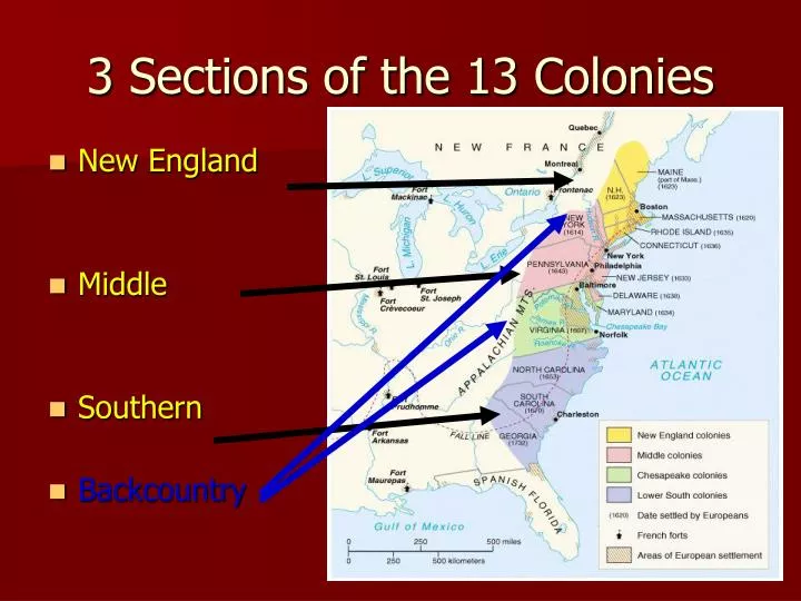 3 sections of the 13 colonies