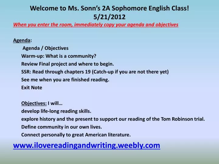 welcome to ms sonn s 2a sophomore english class 5 21 2012