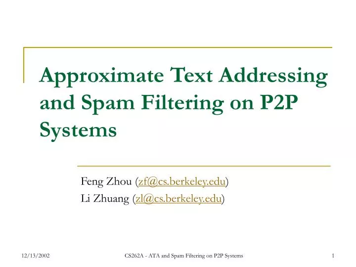 approximate text addressing and spam filtering on p2p systems