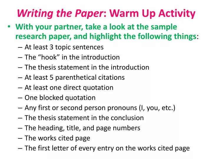 writing the paper warm up activity