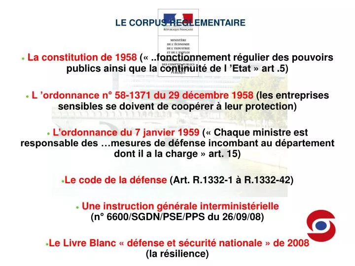 le corpus reglementaire