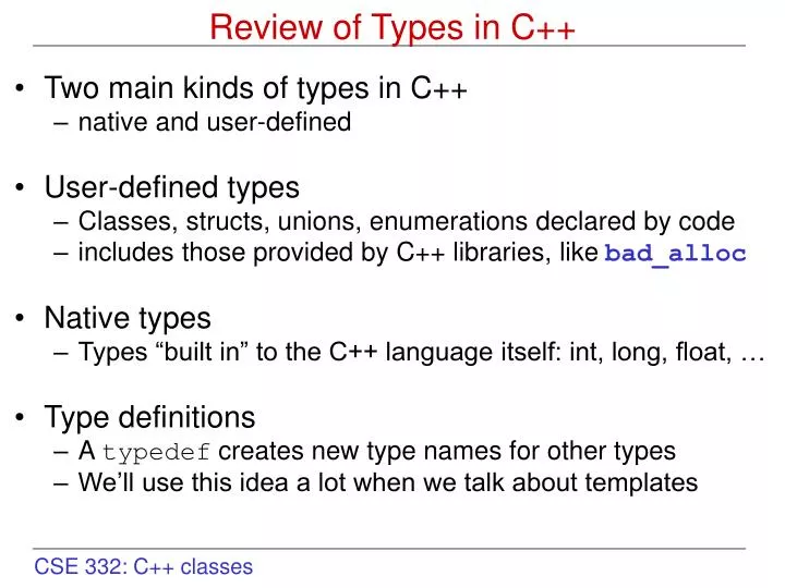 review of types in c