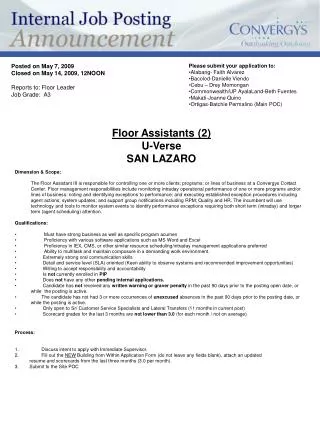 Floor Assistants (2) U-Verse SAN LAZARO