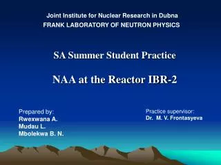 SA Summer Student Practice NAA at the Reactor IBR-2