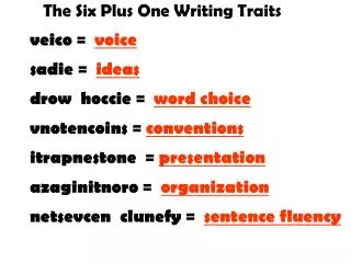 The Six Plus One Writing Traits veico = voice sadie = ideas drow hoccie = word choice