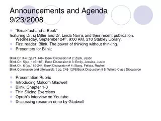 Announcements and Agenda 9/23/2008