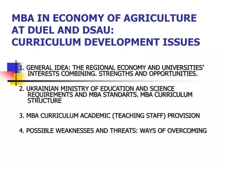 mba in economy of agriculture at duel and dsau curriculum development issues