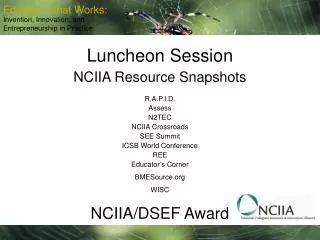 Luncheon Session NCIIA Resource Snapshots R.A.P.I.D. Assess N2TEC NCIIA Crossroads SEE Summit