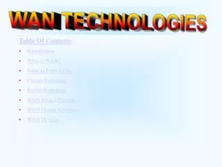 Table Of Contents Introduction What is WAN? Point to Point Links Circuit Switching