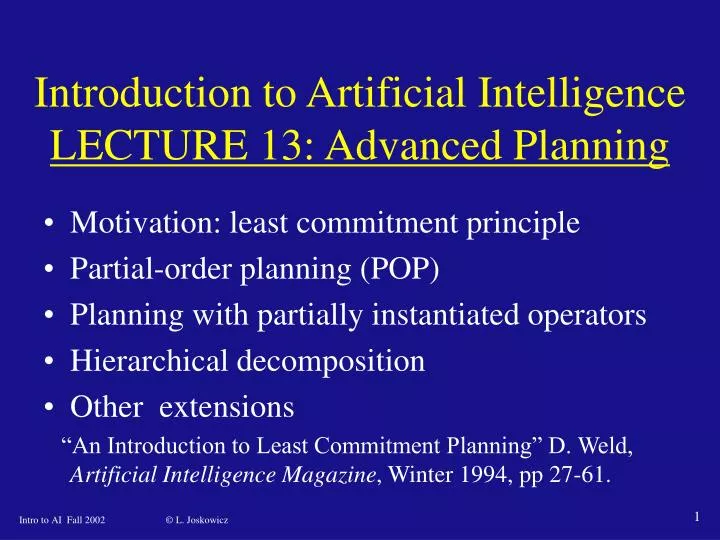 introduction to artificial intelligence lecture 13 advanced planning