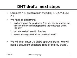 DHT draft: next steps