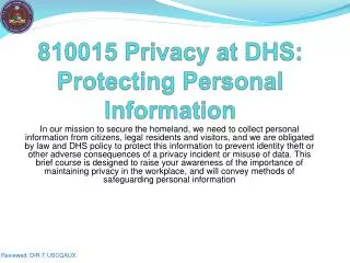 810015 Privacy at DHS: Protecting Personal Information