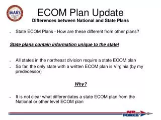 ECOM Plan Update Differences between National and State Plans