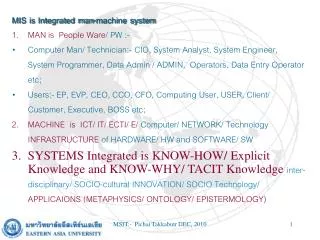 MIS is Integrated man-machine system MAN is People Ware / PW :-