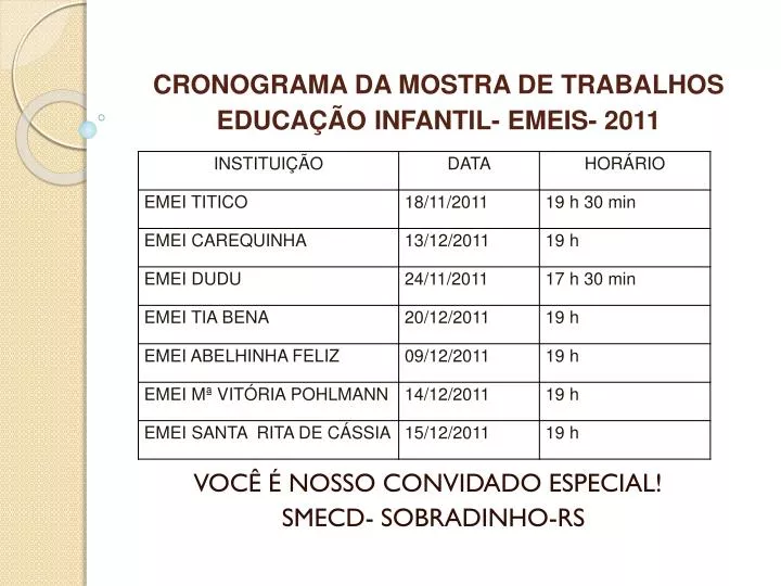 cronograma da mostra de trabalhos educa o infantil emeis 2011