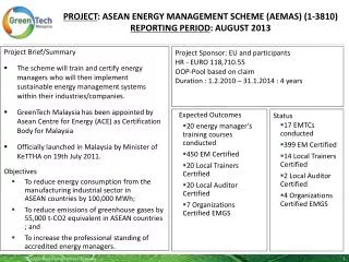 PROJECT : Asean Energy Management Scheme (AEMAS) ( 1-3810) Reporting period : AUGUST 2013