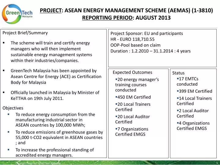 project asean energy management scheme aemas 1 3810 reporting period august 2013