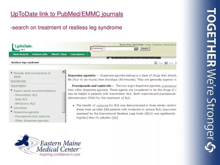 uptodate link to pubmed emmc journals search on treatment of restless leg syndrome