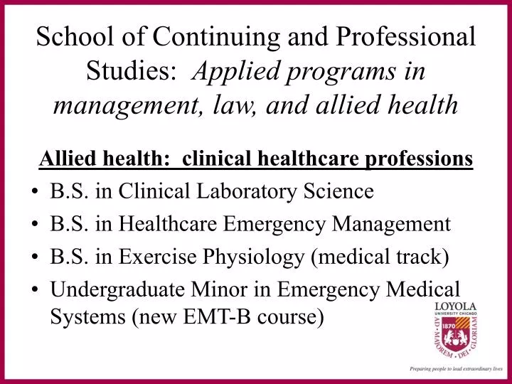 school of continuing and professional studies applied programs in management law and allied health