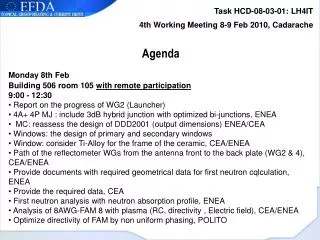 Task HCD-08-03-01: LH4IT 4th Working Meeting 8-9 Feb 2010, Cadarache Agenda Monday 8th Feb