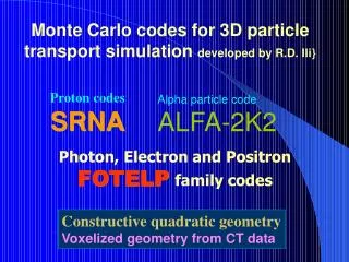Monte Carlo codes for 3D particle transport simulation developed by R.D. Ili}