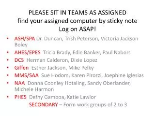 PLEASE SIT IN TEAMS AS ASSIGNED find your assigned computer by sticky note Log on ASAP!