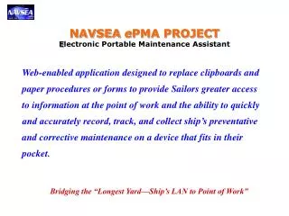 NAVSEA e PMA PROJECT E lectronic Portable Maintenance Assistant