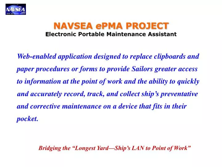 navsea e pma project e lectronic portable maintenance assistant